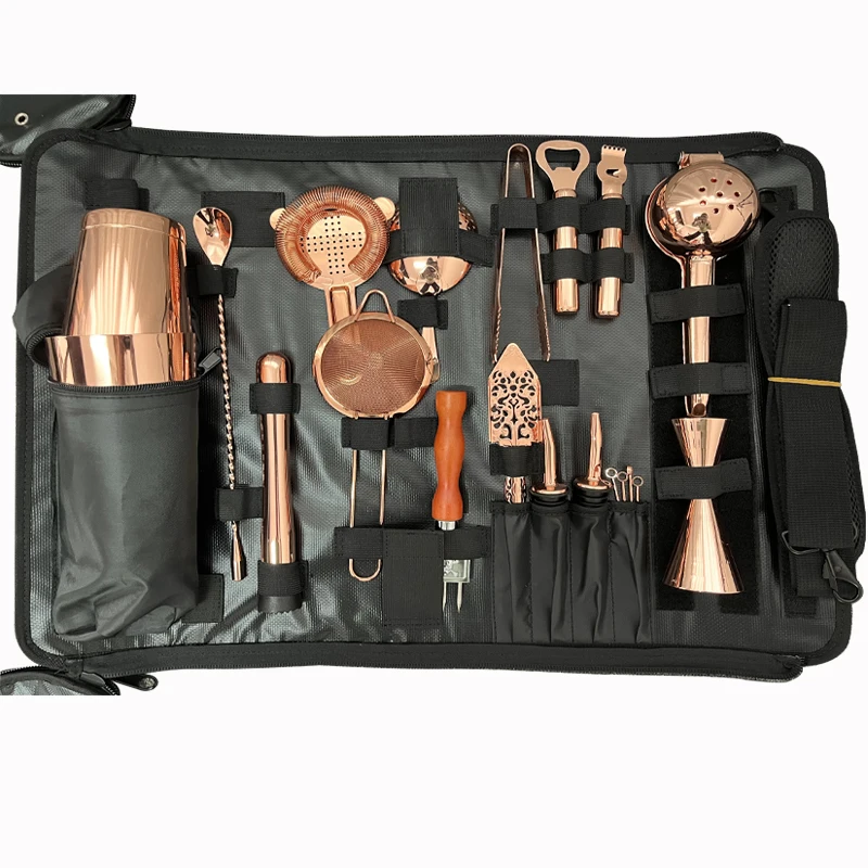 Best Selling 20pcs travel bartender kit bag stainless steel cocktail shaker set with carry bag