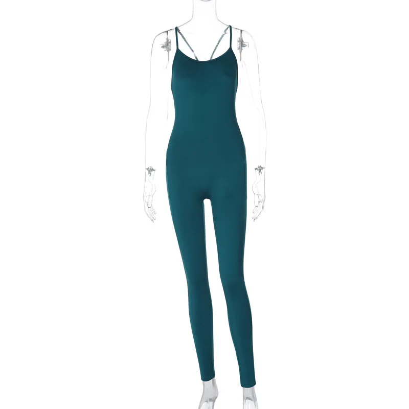 L33271 - hot sale sleeveless sexy backless bodycon solid color halter casual ladies one piece jumpsuit