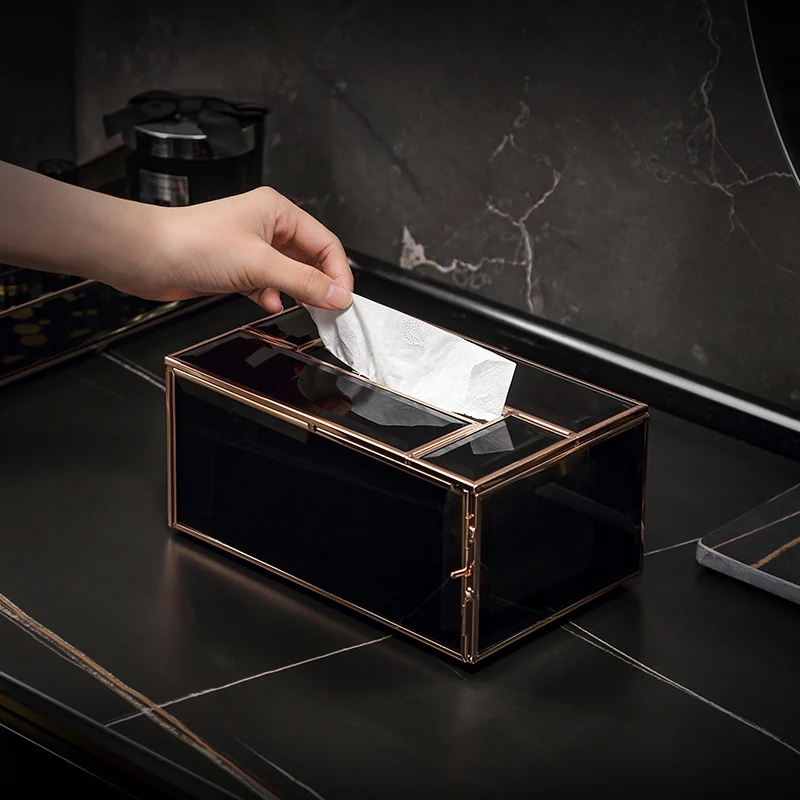 Vanity Rectangle Black Glass Tissue Box Large Capacity Apply to Bathroom Bedroom Side Door Design