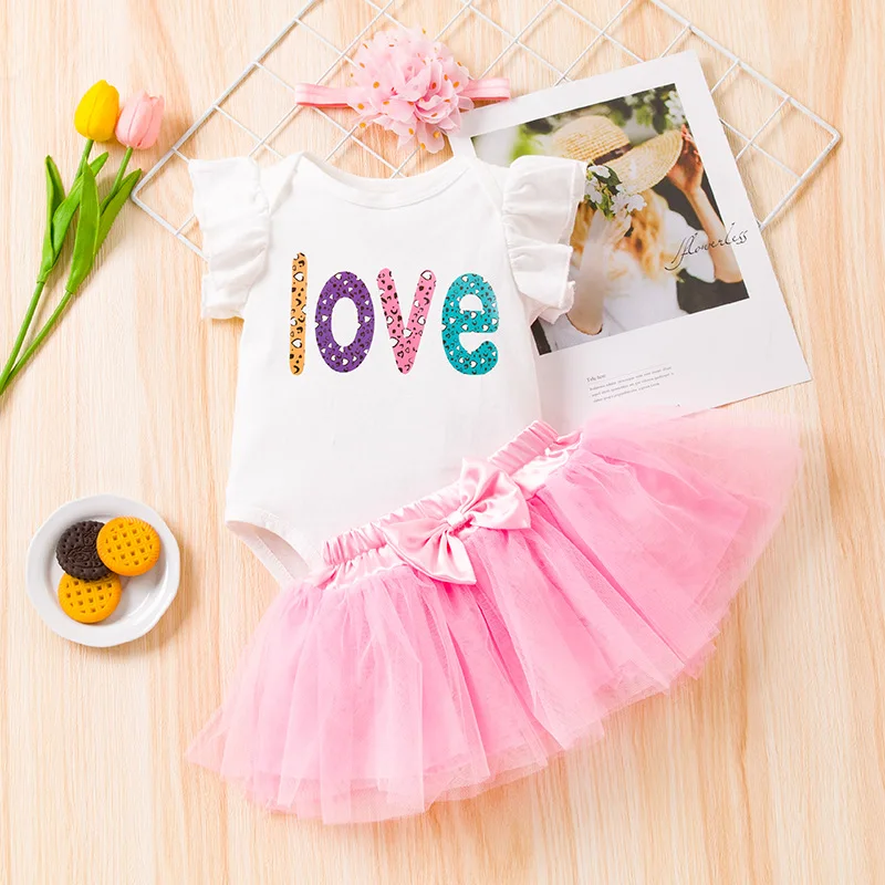 2023 new baby clothing small flying sleeve Hayi princess skirt suit 3-piece baby clothes