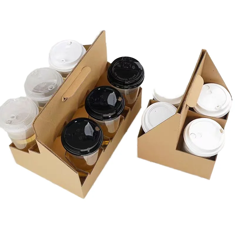 Portable Corrugated Brown Kraft Paper Coffee Cup Holder Tray 6 Cup Takeaway Drink Paper Carrier Tray Stamped Whisky Tequila