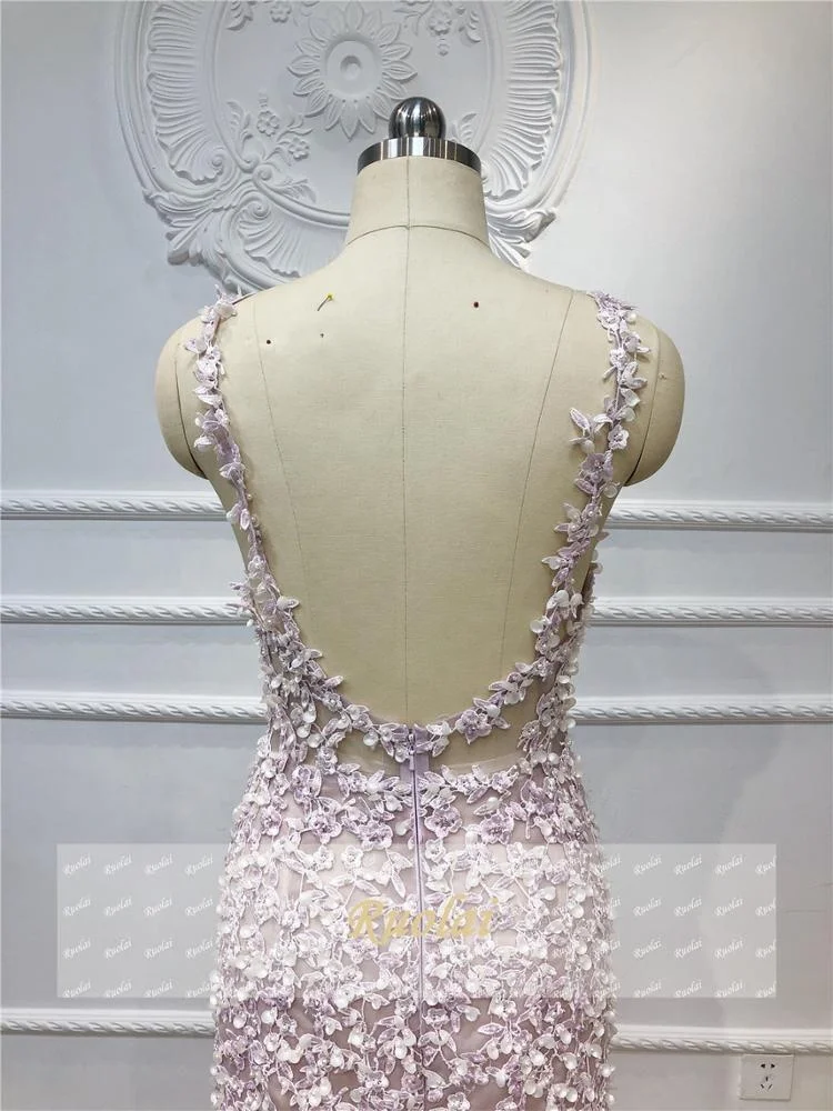 Ruolai OEV-L4293 Spaghetti Strap 3D Flowers Beaded Crystal Mermaid Long Evening Dresses with Removable Skirt