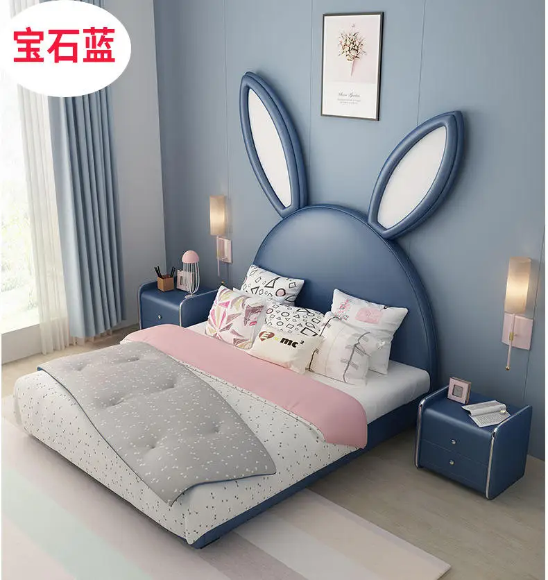 Children Kid Size Single Double Leather Bed Bedroom Kid Furniture Set Rabbit rabbit ears children bed fantasy castle cartoon