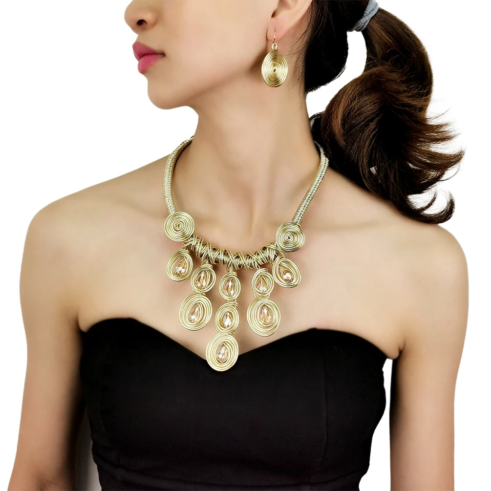 Statement Boho twined Crystal Beads Pendants Necklace Circular Drop Earrings Set Big Geometric Gold Tone Necklace Jewelry Sets