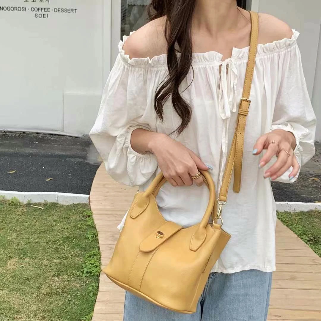 Simple texture fashion bucket bag Korean version handbag casual diagonal shoulder bag for ladies