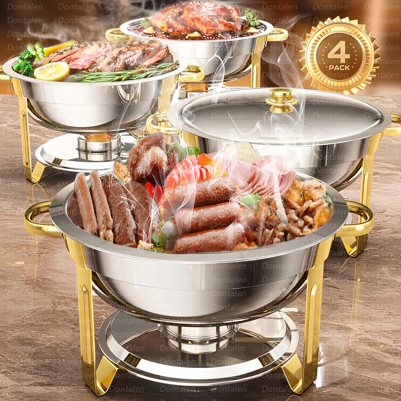4pcs Set Round Chafing Dish Buffet Food Warmer Set Luxury Food Heater Cater Hotel Food Display Warmer Dual Use Of Hot And Cold