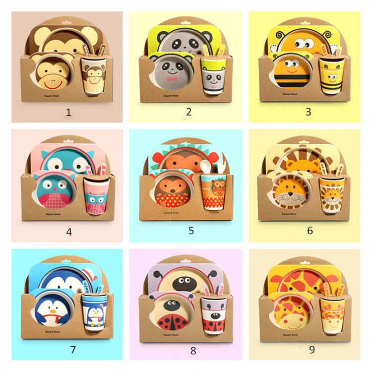 16 Design 5pcs/set Baby Bamboo Bowl Spoon Fork Feeding Tableware Set Cartoon Animal Bee Kid Dishes Feeding Bowl Dinner Plate