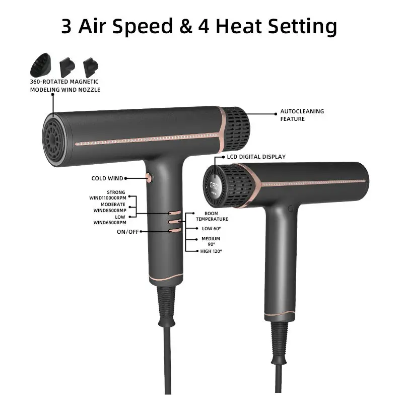 Professional 1200W Hair Blow Dryer 110000RPM High-Speed Low Noise with 50 Million Negative Ions for Household Drying Styling