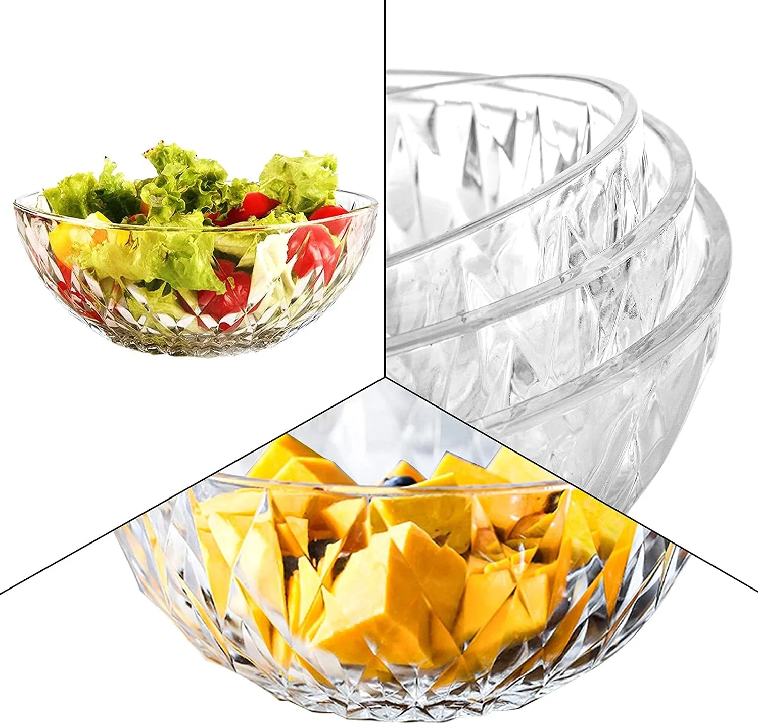 Set of 4 BPA Free Clear Acrylic Mixing Serving Salad Bowls for Fruit Salad Popcorn Chips Dips Condiments Party Snack