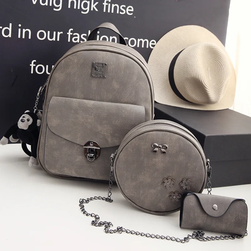 2022 Fashion  PU Leather Luxury Lady Bags Woman Handbag 3Pcs Set Backpacks For Teenage Girls