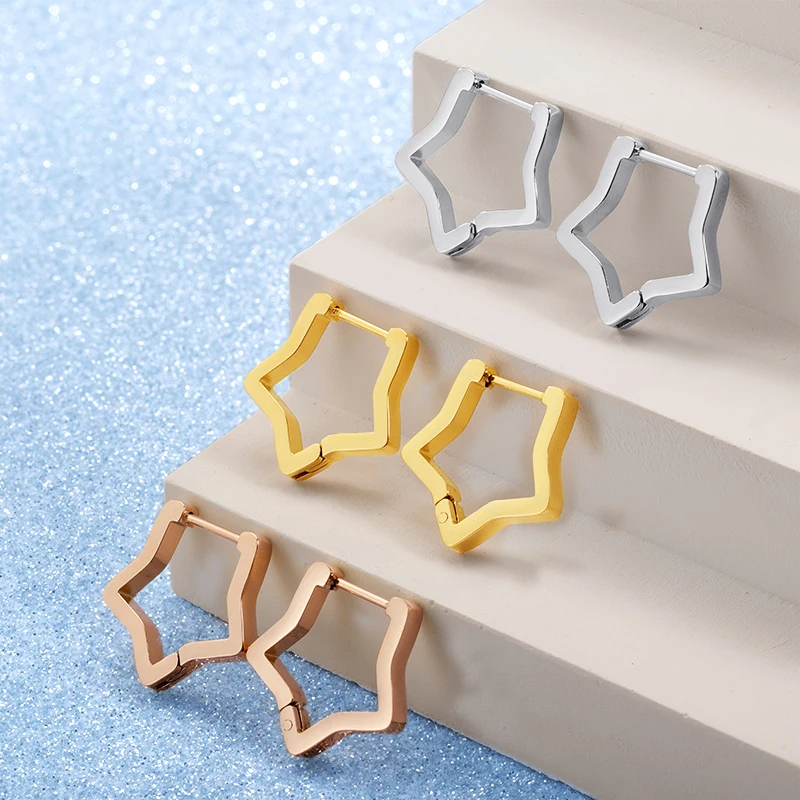 Custom Korea Hollow Titanium Stars On Hoop Earrings Gold Small Stainless Steel Ear Ring Three Stars Earrings