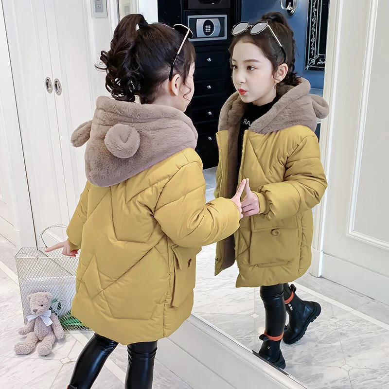 Winter Fashion Solid Color Casual Style Padded Thick Fleeced Animal Coat Warm Outerwear Jacket for Babies Girls