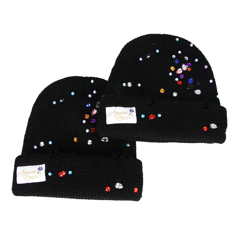 Distressed Style  Silky Satin Lining Inside Knit Winter Hat Rhinestone Beanie with Custom Logo Woven Label Patch