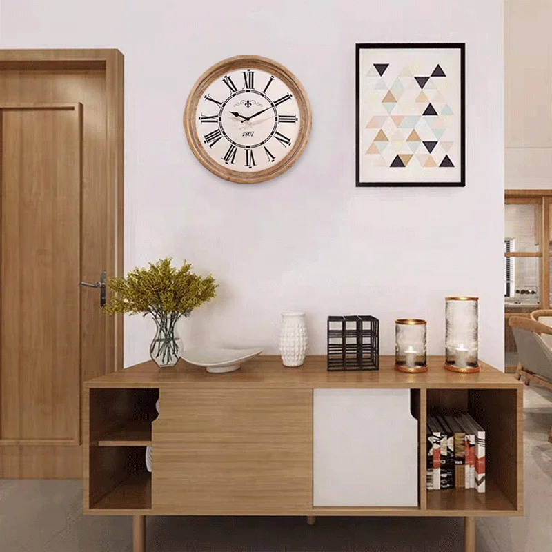 Hot Sale 23.5inch Roman Numerals Wall Clock Custom Logo Large Home Decorative Natural Wooden Wall Clock