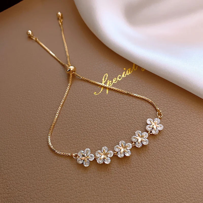 Fashion women Adjustable string bracelet wholesale Gold Five Small Flowers Five Pointed Star Zircon Pull Adjustable Bracelet