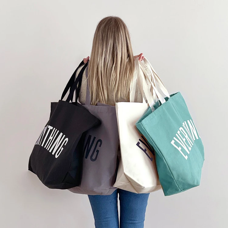 Custom printed logo everything oversized 12oz cotton beach grocery boat bag extra large plain canvas tote bag with zipper pocket
