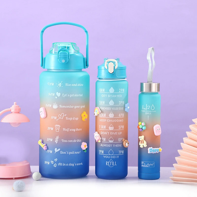 Sports Water Bottle 3pcs/set Motivational Water Bottle For Male Female Set 2000ml 900ml 280ml Portable Reusable Summer Cups