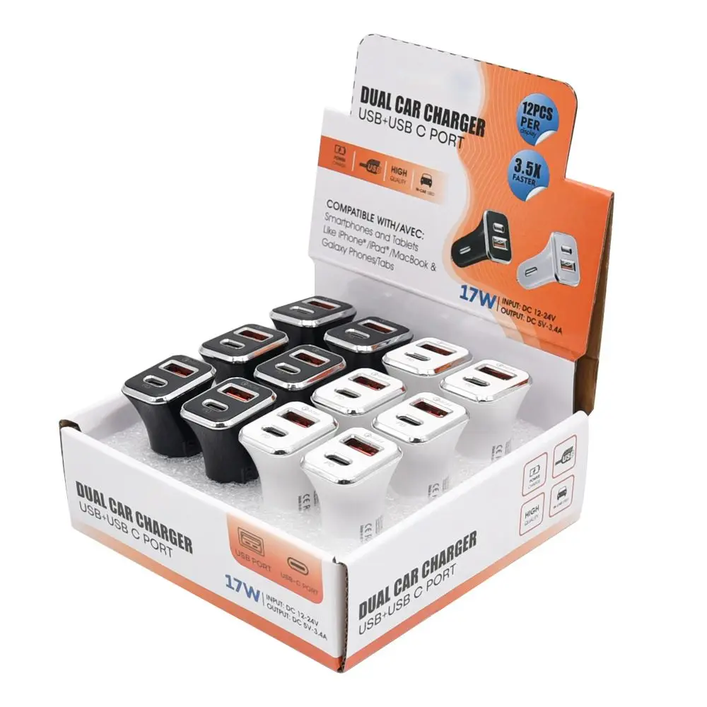 12pcs Car Charger Display Box 3.1A Car Charging Accessories Dual Usb Car Charger Adapter 17W