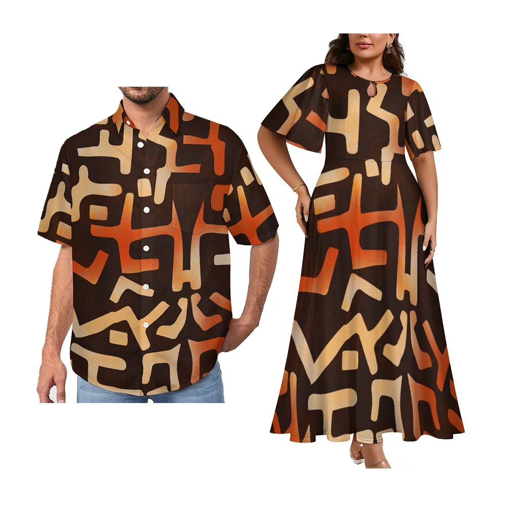 Factory Price Polynesian Elei Tribal Design Custom Couples Sets Womens Round Neck Short Sleeve Dress Men Shirt Couple Suit