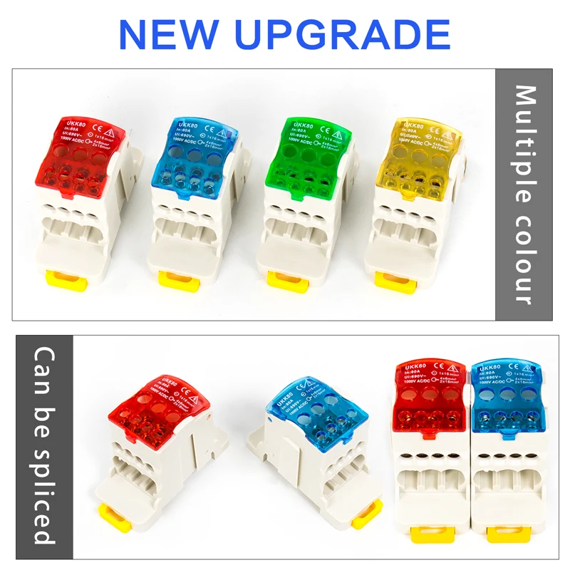 UKK80 electrical 1 in vele out wire connector high current junction box din rail screw terminal block with safety cover