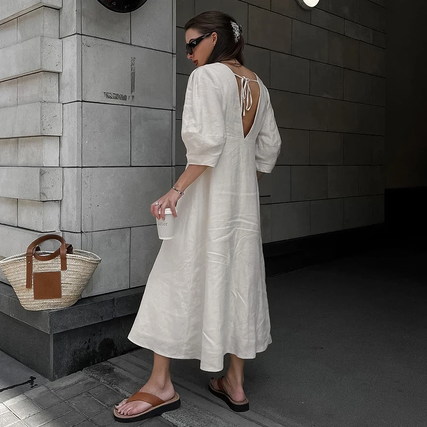 OOTN Ladies V-Neck Cotton Dresses Soft Summer 2023 Puff Sleeve Long Backless Button Dress Elegant Beige Women Linen Dress