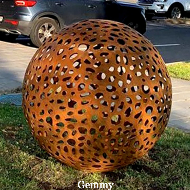 3d Laser Cutting Crafts Decorative Garden Outdoor Landscape Stainless Steel Metal Hollow Corten Steel Rusty Sphere Sculpture