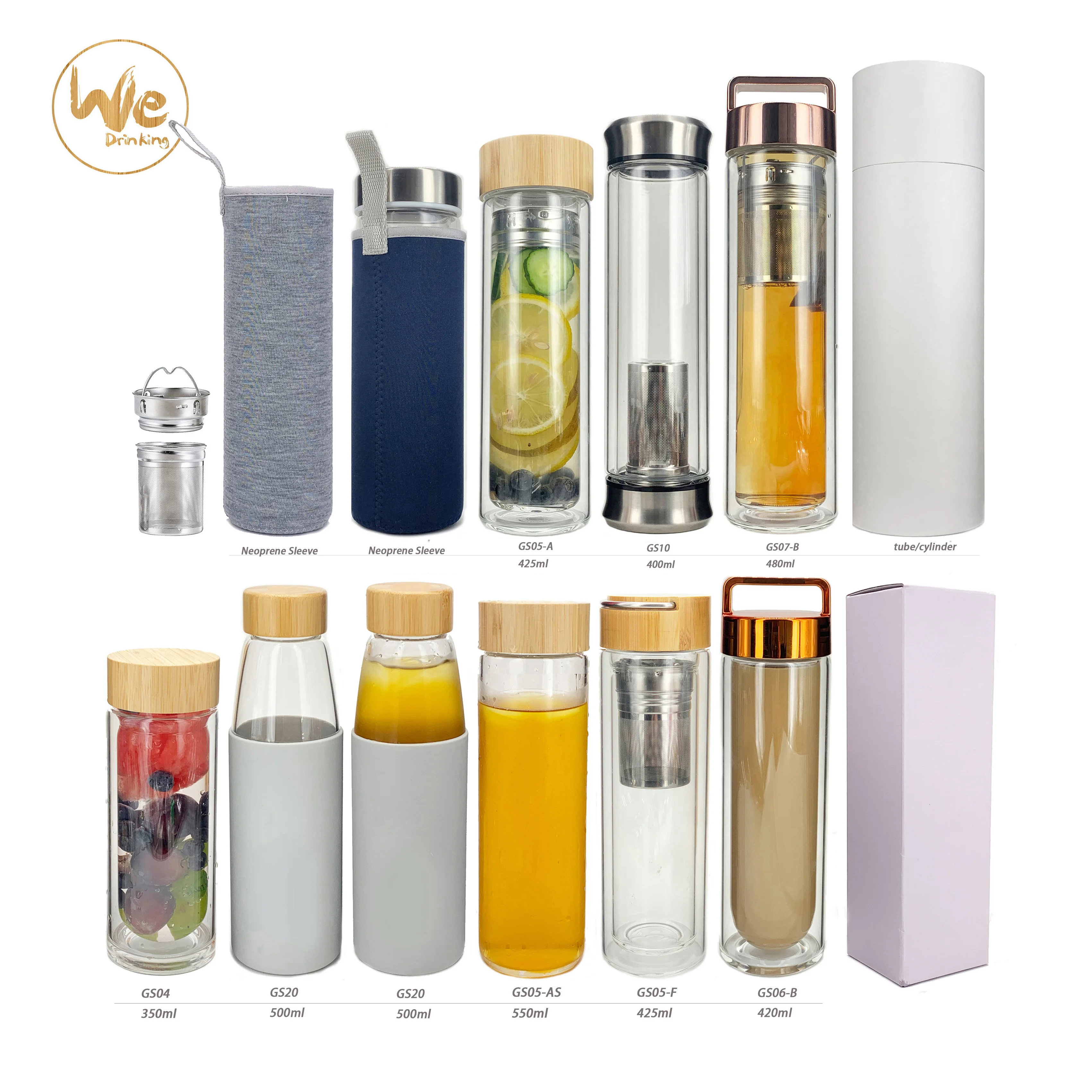No Minimum Stock BPA free shiny handle lid double wall borosilicate glass tea infuser water bottle with tea infuser