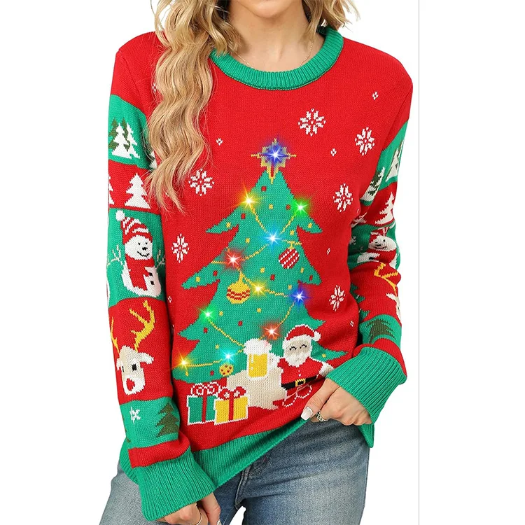 Christmas Tree LED Light Funny Ugly Christmas Sweater Knitted Pullover Christmas Sweaters For Women