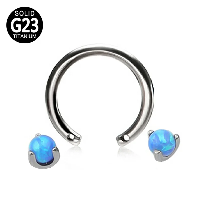 Titanium piercing jewelry internally threaded CBR horseshoe circular barbell with prong set opal stone top