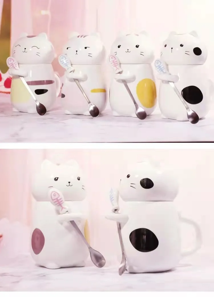 cartoon cute 3D cat shape ceramic mug with lid spoon for coffee/tea/milk/juice/gift  creative cup