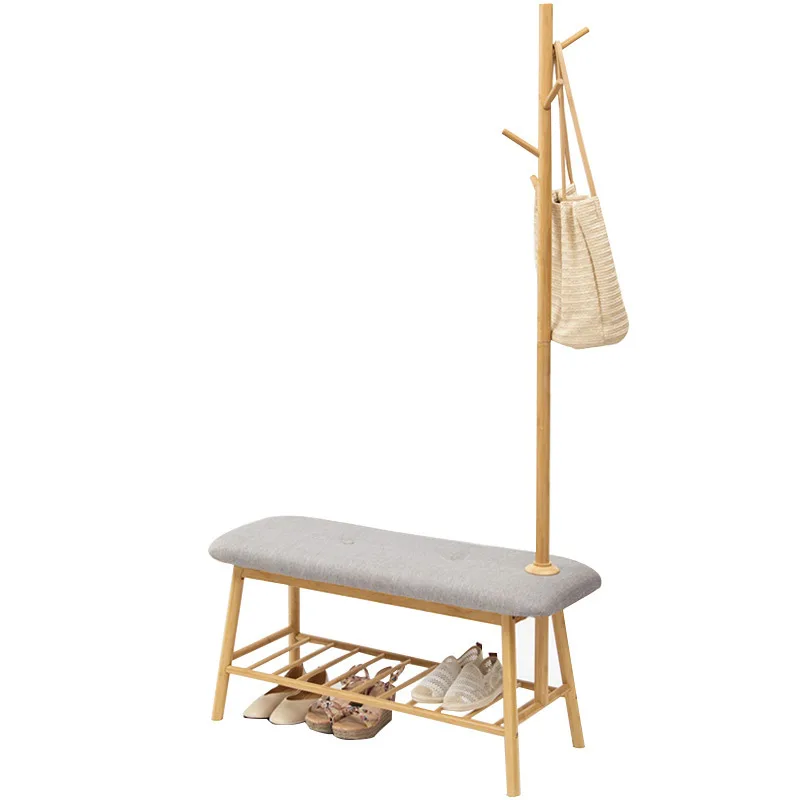 Nordic entryway shoe stool floor solid wood storage organizer bamboo shoe rack with clothes tree hanger coat rack
