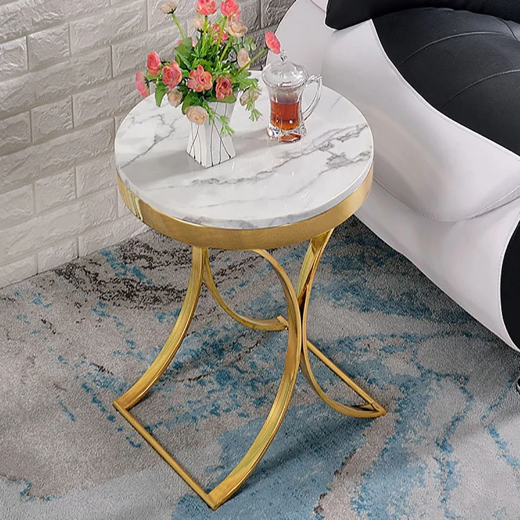 Modern gold stainless steel metal base small round table with marble top living room sofa side table home use furniture