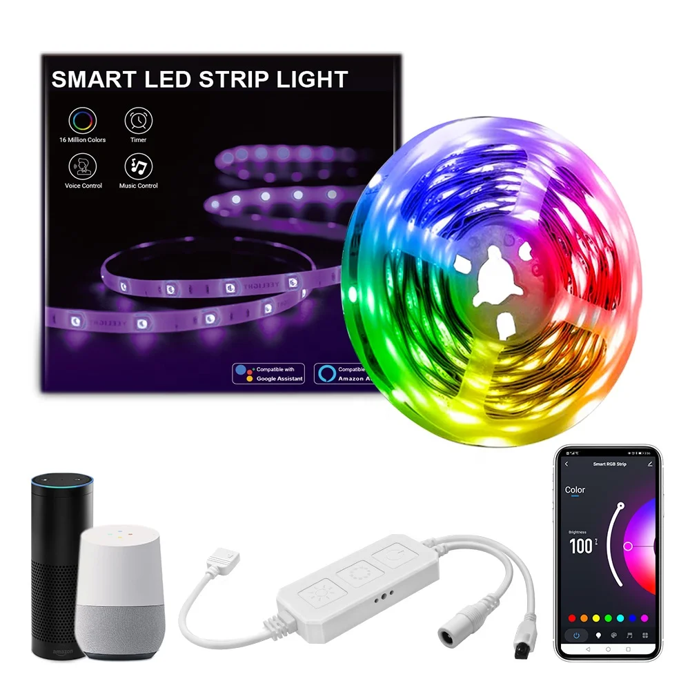 
5M Music Sync RGB LED Strip Lights SMD5050 Color Changing with WiFi APP Controller + 24 Key Remote LED Lights for Bar Party 