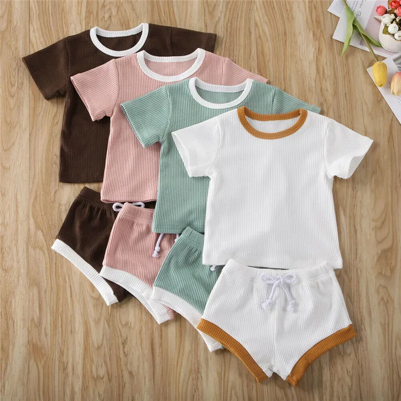 New Baby Boys Girls Summer Clothing Newborn Kids Baby Girls Ribbed Knitted Short Sleeve T-shirts+Shorts Tracksuits Sets