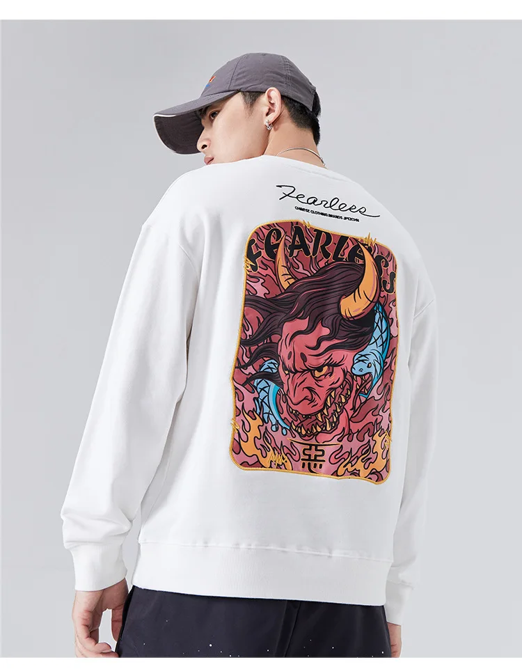 
 Свитер мужской с круглым вырезом, уличный свободный брендовый в стиле хип-хоп, с принтом дьявола, с национальным вышивкой, осень  