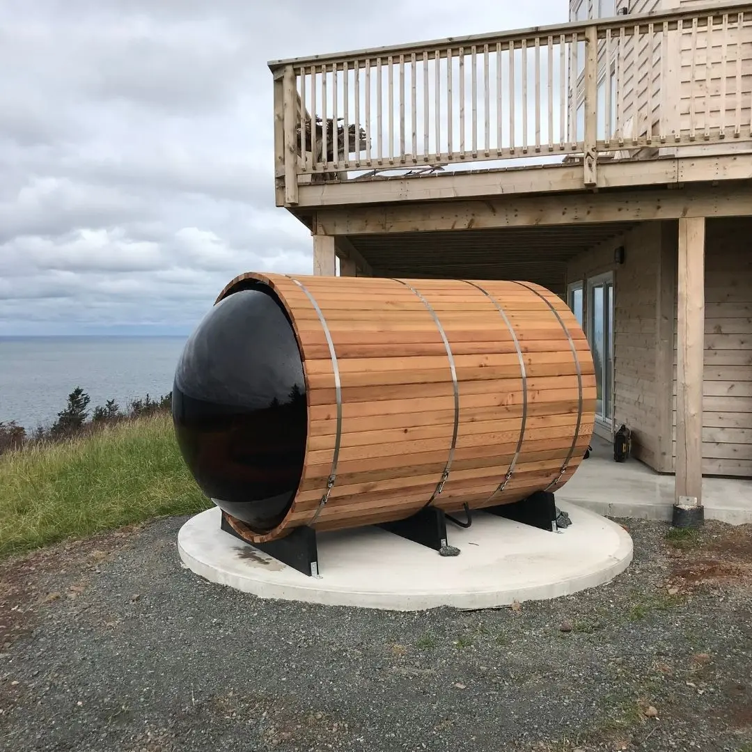 Panoramic View Cedar Sauna with Porch - 6 Person Outdoor Sauna Room Wooden Barrel Sauna