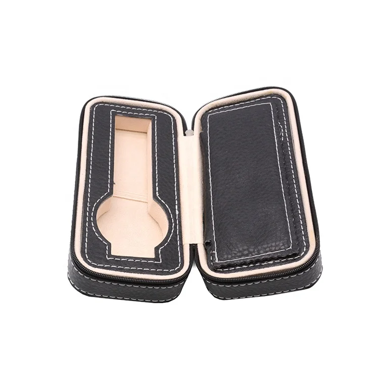 Custom luxury leather travel watch case with sponge watch packing box bag zipper leather watch box case