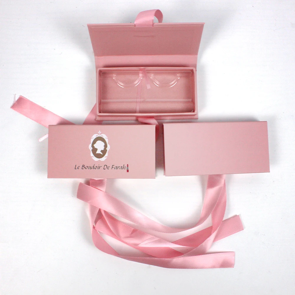 B627 false eyelashes packaging custom logo empty light pink eyelashes packaging box with ribbon wholesale