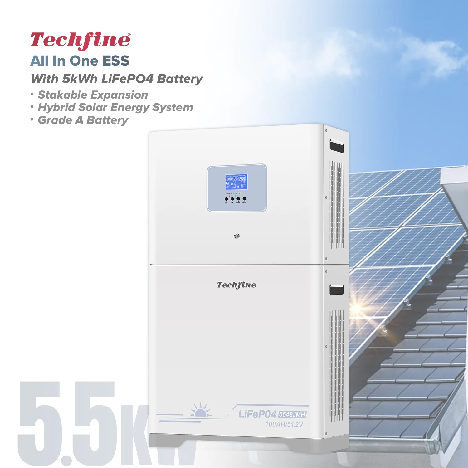 ESS 51.2V 100Ah 5kwh Lifepo4 stackable all in one solar inverter set with lithium battery with built in battery all set for home