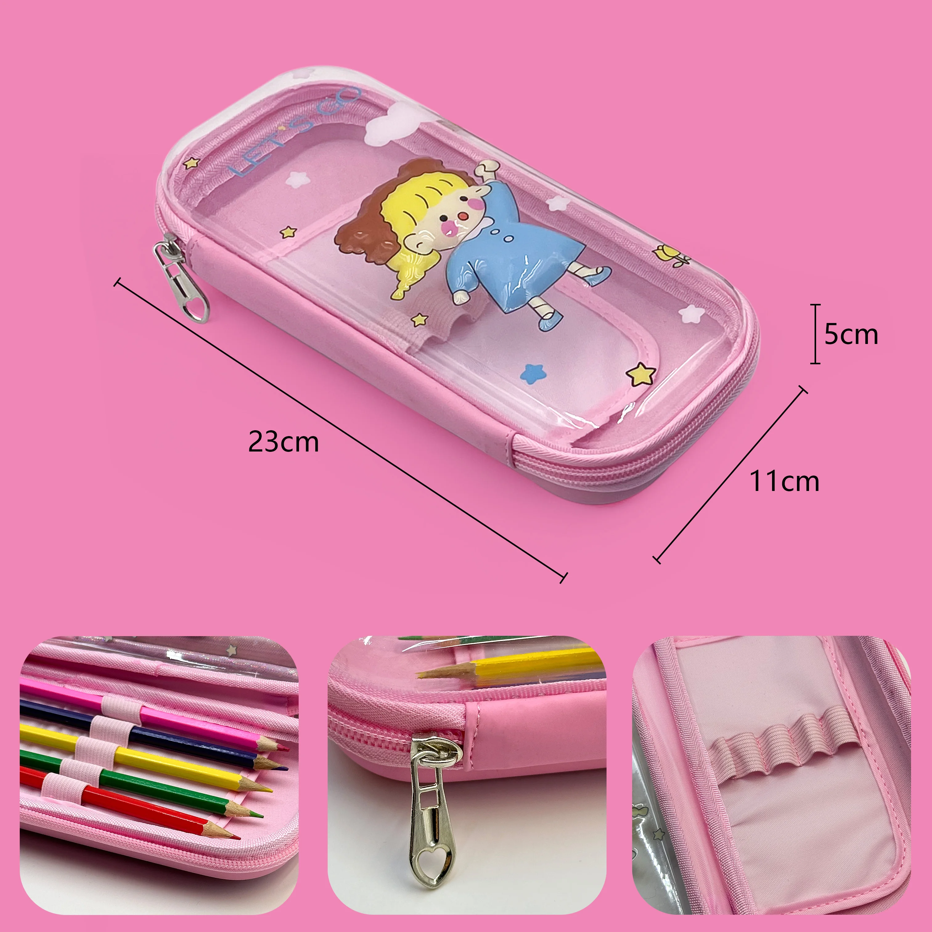 Factory Custom Transparent Double-layer Pen Bag Cartoon Cute Stationery Box Large Capacity Multi-functional Storage Pencil Case