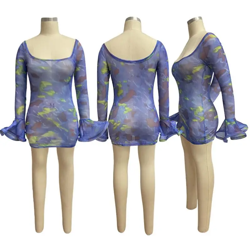 S04192 New arrival 2020 Sexy women sexy mesh sheer transparent print mini dress Women clothing Night Club Dress Two Piece Skirt