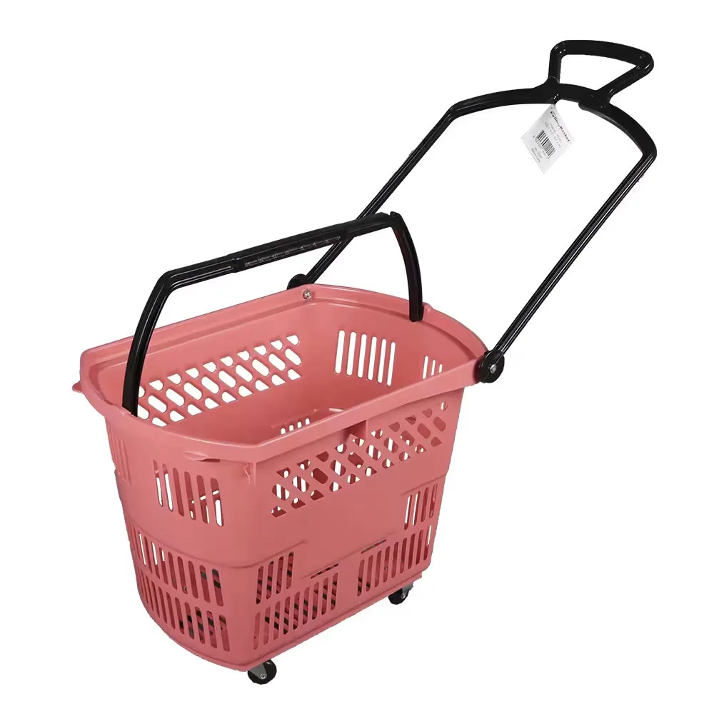 Supermarket Baskets Wholesale Shopping Mall Trolley Basket Shop Cart with Wheels Plastic Market Stocked Plastic Shopping Basket