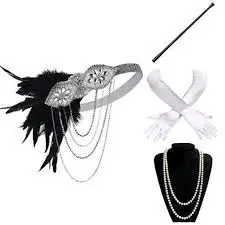 1920s accessories Vintage Headband Black Ostrich Feather Glove Cigarette Holder Flapper Headband Set