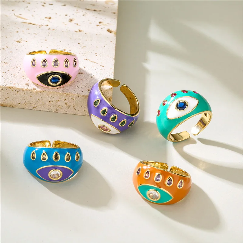 European Trendy Multi Color Enamel Devil Eye Finger Rings Opening Micro Pave Rainbow Zirconia Dome Shape Rings