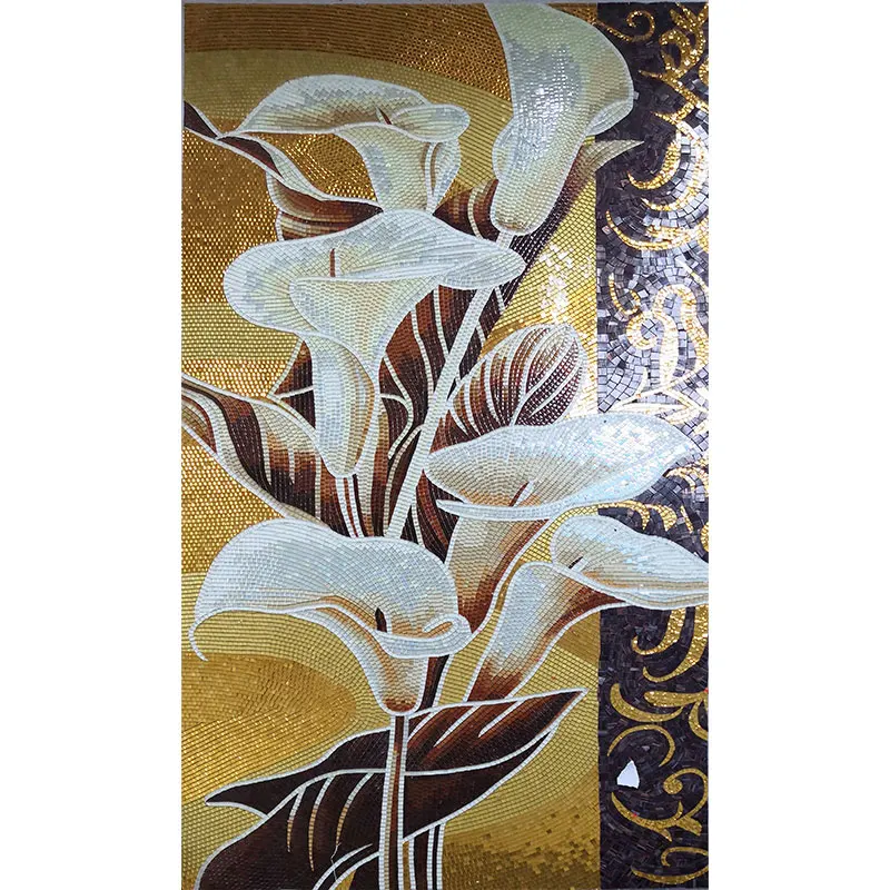 Classic Luxury Hand cut Gold Lily Flower Art Pattern Decorative Crystal Glass Mosaic Mural Tile Pictures