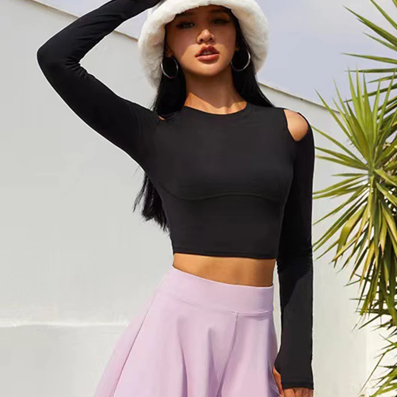 Spring High Quality Hollow Shoulder Sports Tights Women Sexy Long Sleeve Yoga Top