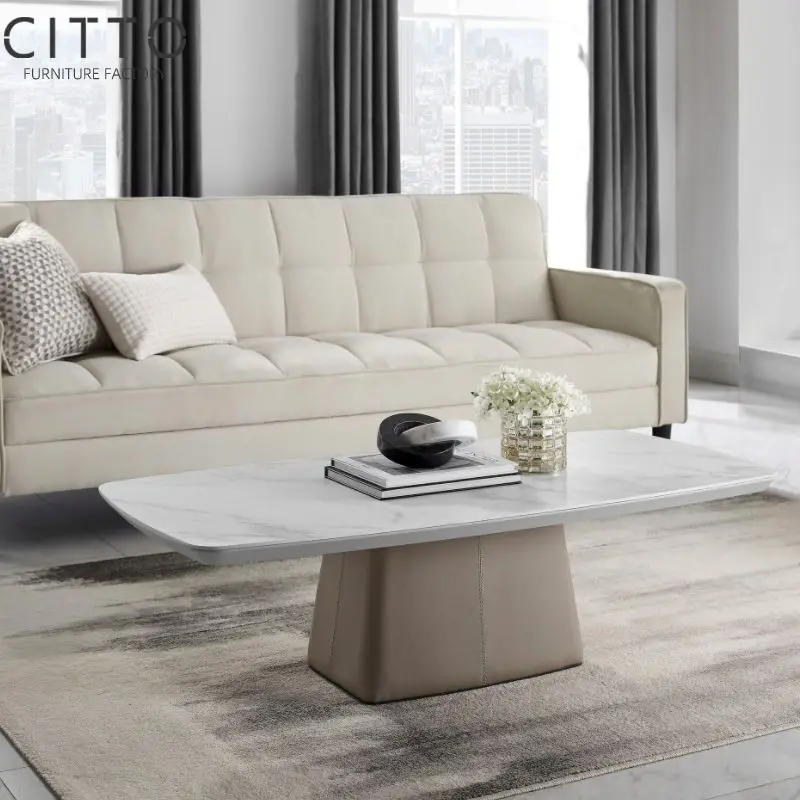 Custom Popular Modern Minimalist Rectangle MDF Matt Beige White Ceramic Top Living Room Coffee Tables For Home