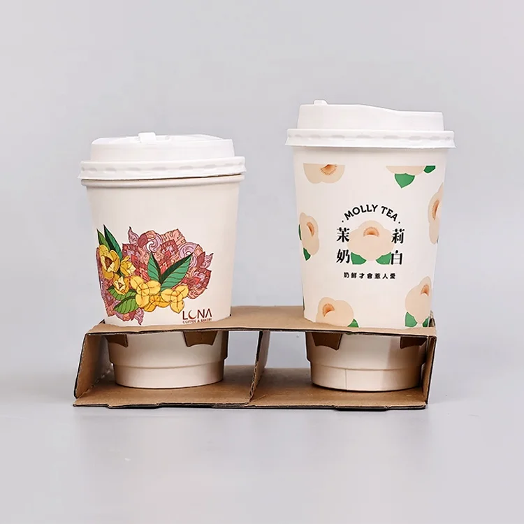 Customized  Disposable Customized Kraft Take Away Drink Eco Paper Coffee Cardboard Cup Holders Carrier Packing