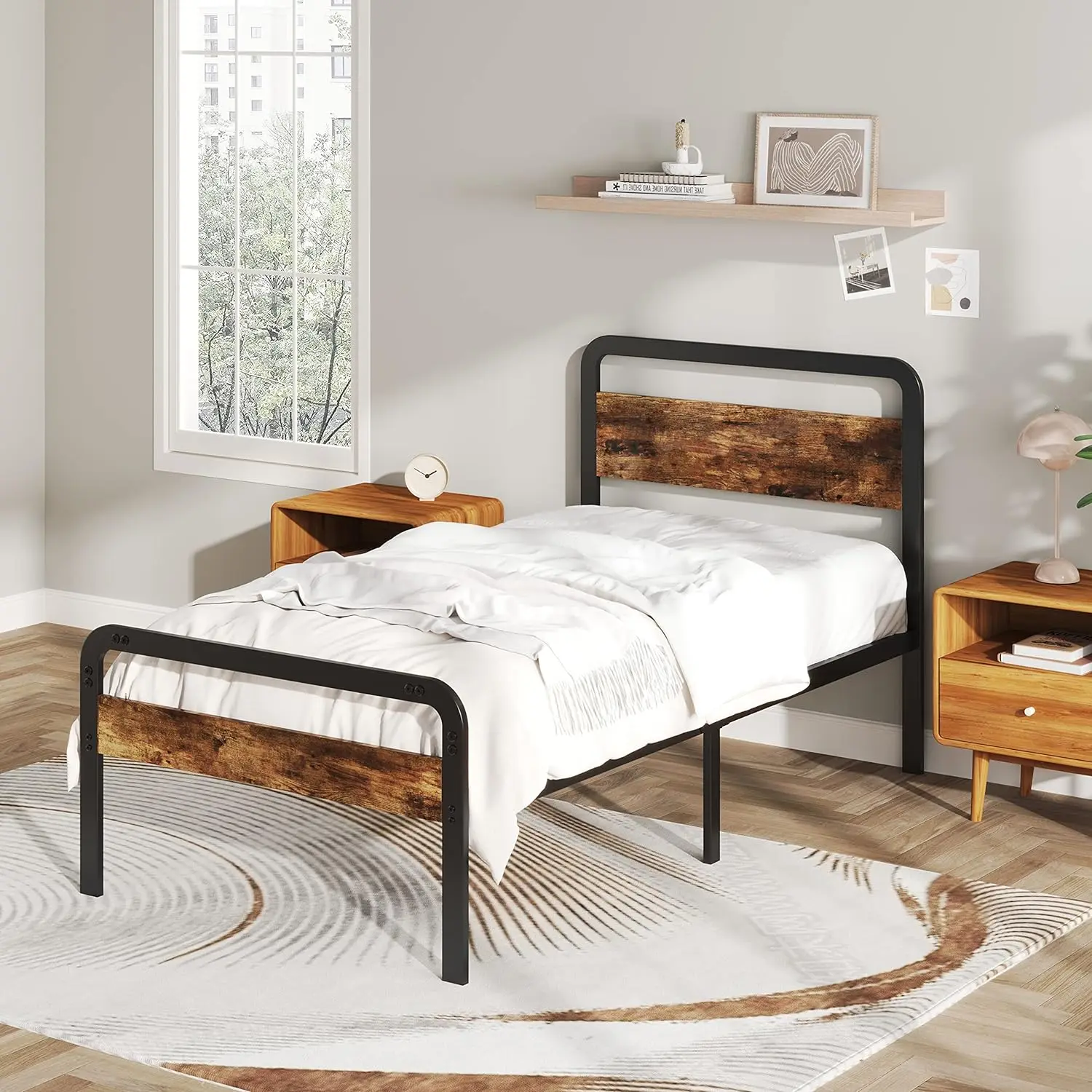 Children Twin Size Metal Bed Frame for Kids with Wood Headboard and Footboard