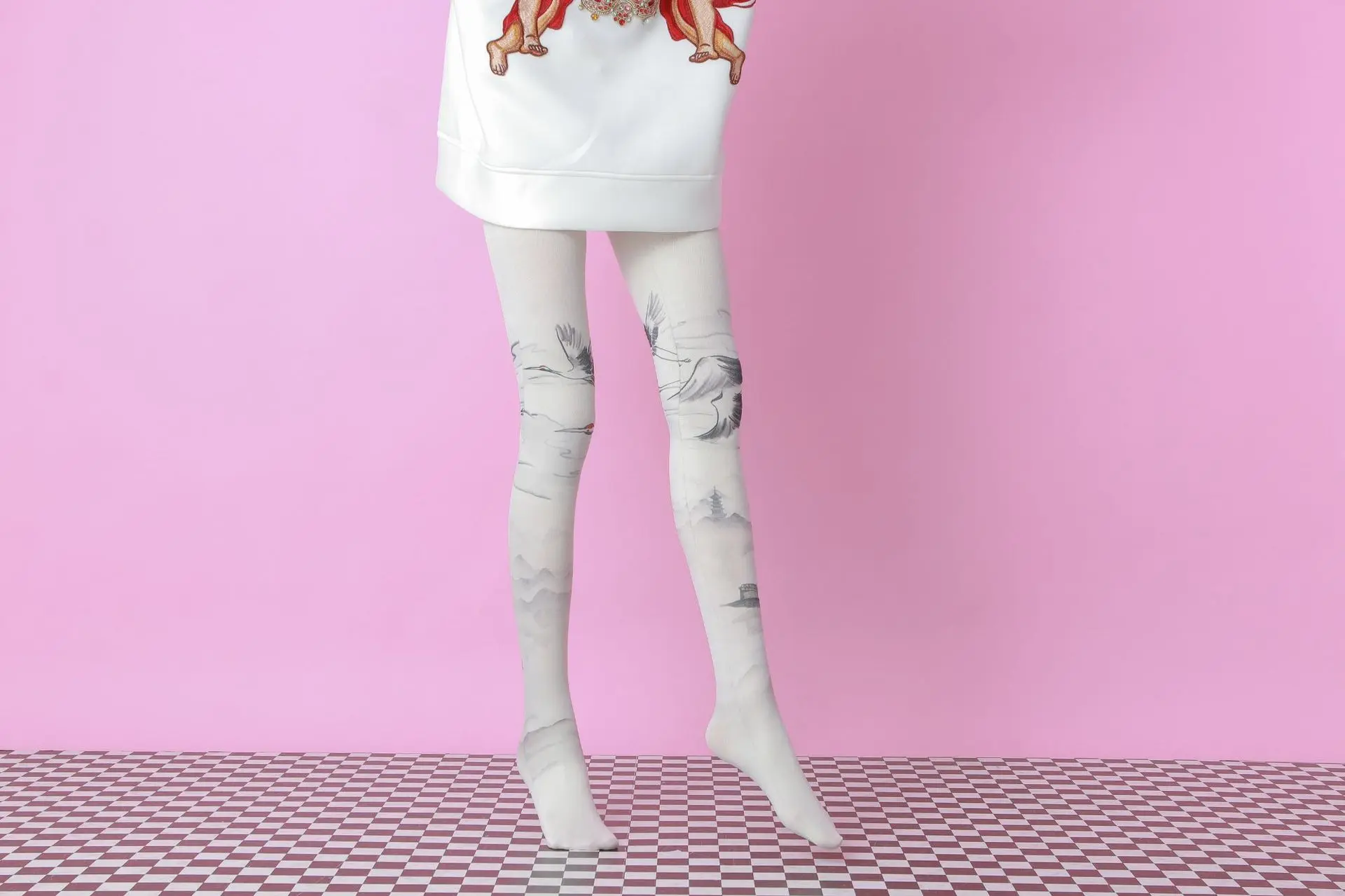 Chinese Ink Painting 360 Print Socks Custom Printed Pantyhose Women Seamless Tights